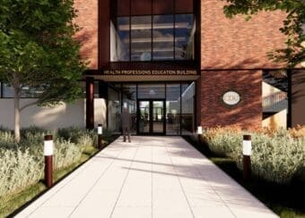 Rendering of the Health Professions Education Building, a 60,000 GSF state-of-the art academic building that will house the University’s newly accredited medical degree program.